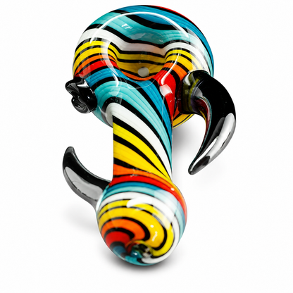 A colorful glass water pipe with a striped pattern of yellow, red, blue, black, and white, featuring two curved black mouthpieces, shown on a white background.
