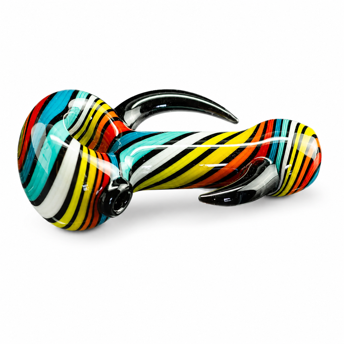 A colorful glass water pipe with a curved bowl, black glass mouthpiece, and a vibrant multicolor striped body featuring yellow, orange, red, teal, white, and black.
