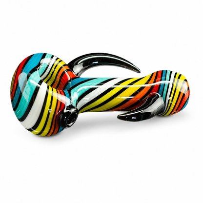 A colorful glass water pipe with a curved bowl, black glass mouthpiece, and a vibrant multicolor striped body featuring yellow, orange, red, teal, white, and black.