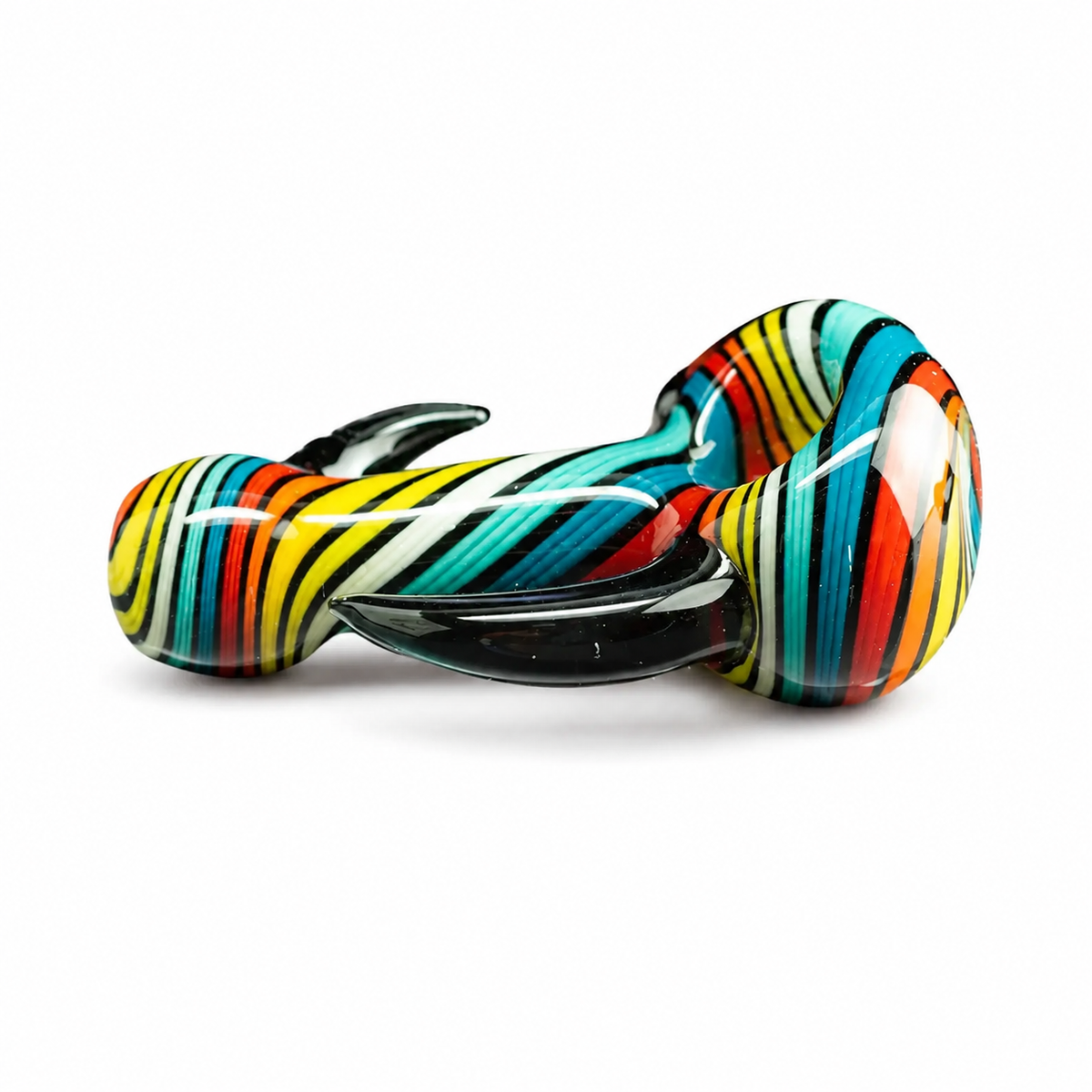 A colorful glass water pipe with a twisted, looped design, featuring vibrant stripes of yellow, orange, red, teal, black, and white on a clean white background.