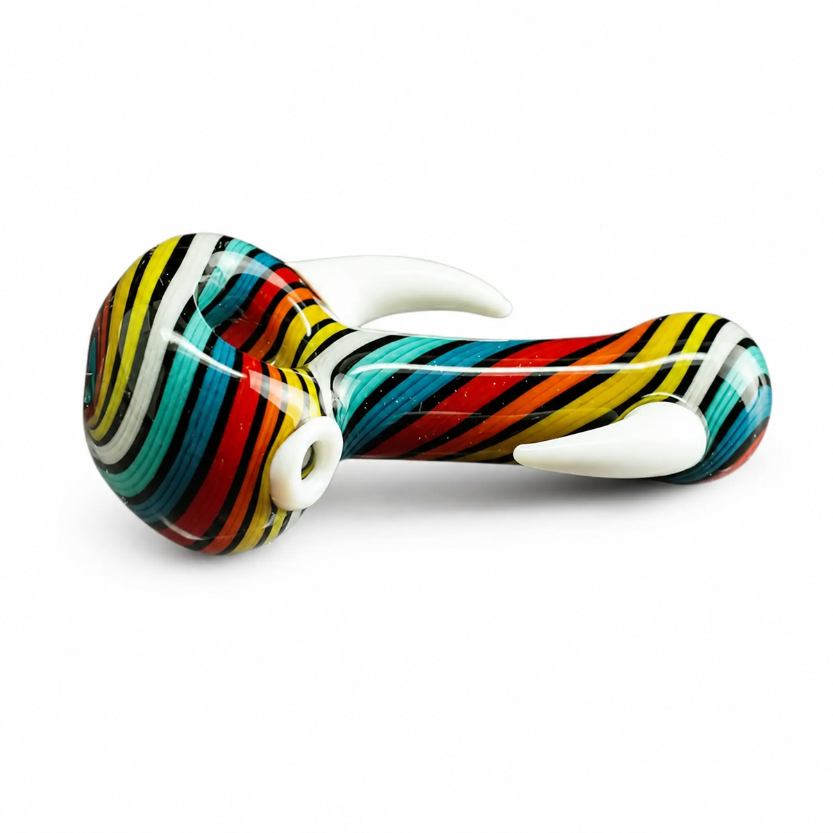 A colorful glass water pipe with a vibrant multicolor striped pattern and white glass mouthpiece, shown on a clean white background.