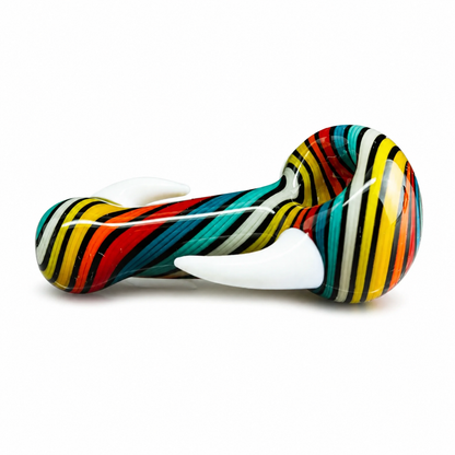 A colorful glass novelty dildo with a multicolor striped body and two white curved horns, photographed on a clean white background.